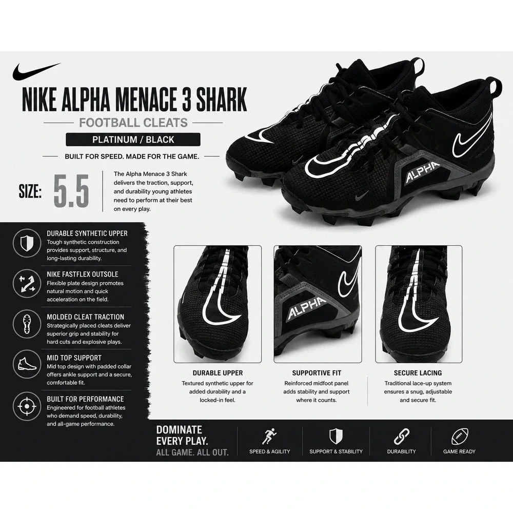 Nike Alpha Menace 3 Shark Kid's Size 5.5 Platinum Black Athletic Football Cleats